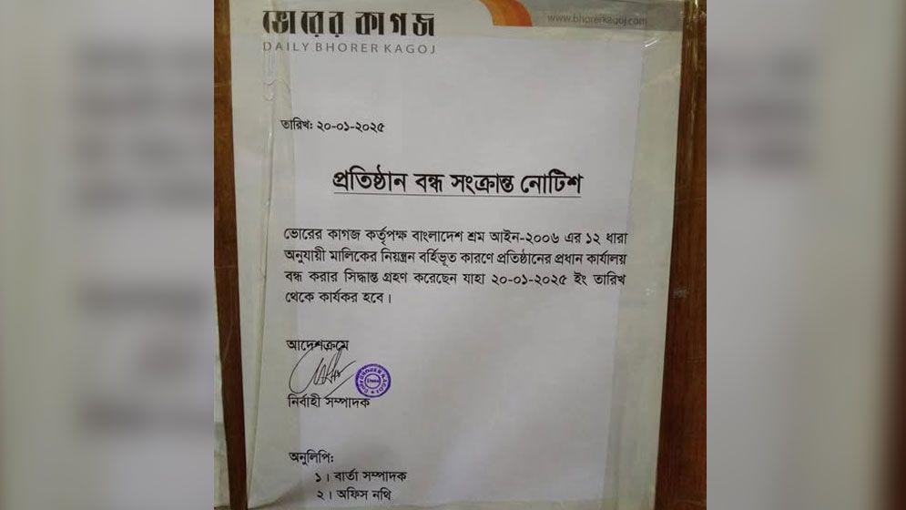 ভোরের কাগজ প্রকাশনা বন্ধ ঘোষণা