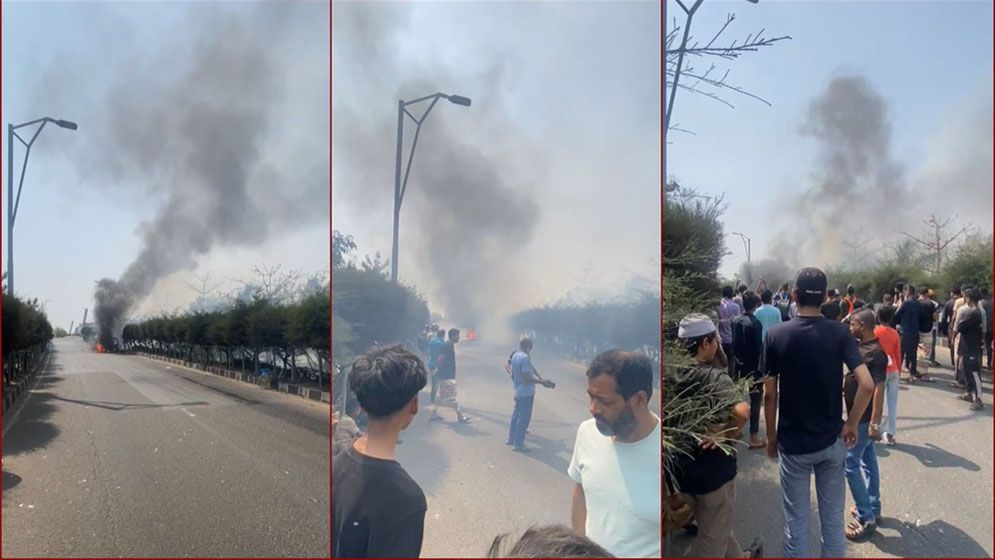হাতিরঝিলে চলন্ত গাড়িতে আগুন, যানজটে আটকা ফায়ার সার্ভিসের গাড়ি