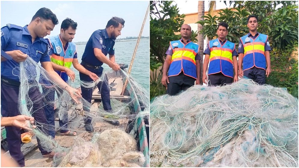 নৌ পুলিশের অভিযানে বিপুল পরিমাণ অবৈধ জাল-মাছ-মাছের পোনা উদ্ধার, আটক ৩৪২