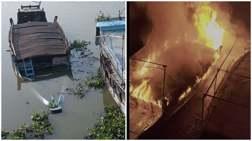 নিকলীতে ঘাটে বেঁধে রাখা যাত্রীবাহী ট্রলারে দুর্বৃত্তদের আগুন